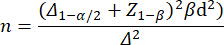 figure-protocol-1 Sample size formula, n=(Δ1-α/2+Z1-β)²βd²/Δ², equation for statistical power analysis.