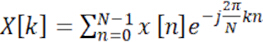 Discrete Fourier Transform formula, Σ from n=0 to N-1, X[k], diagram, signal processing.
