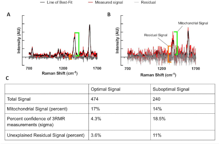 Raman spectroscopy results; graphs show signal intensity; table lists mitochondrial signal analysis.