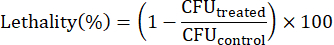 Lethality formula for bacterial analysis, equation depicting CFU treatment impact calculation.