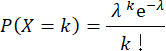 Poisson distribution formula; P(X=k)=λ^k * e^(-λ)/k!; probability theory equation.