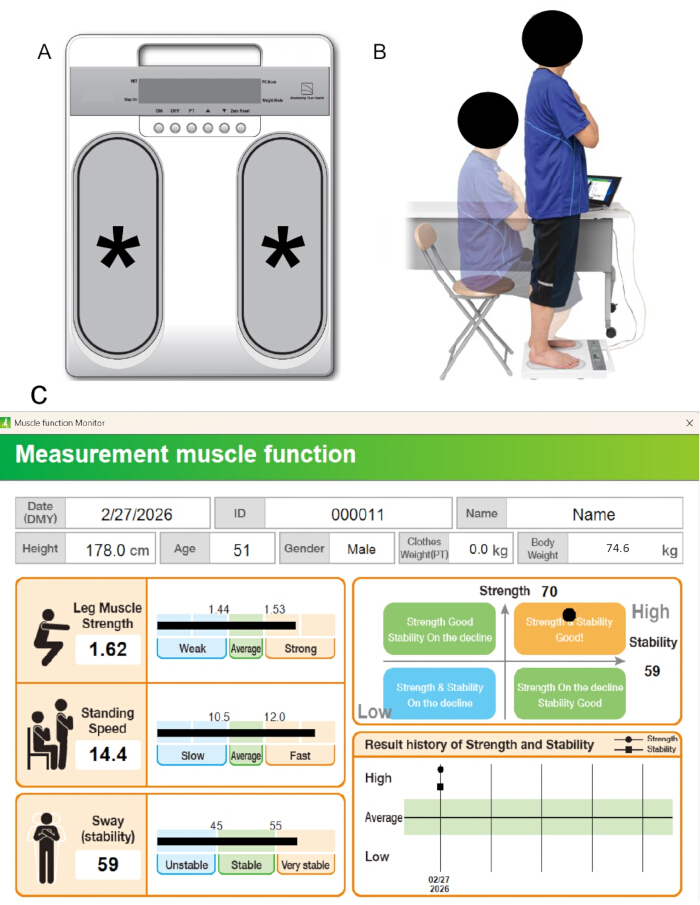 figure-results-2 Muscle function measurement diagram; equipment: balance platform; data: strength, stability chart.
