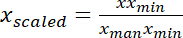 Scaling formula, \(x_{\text{scaled}} = \frac{x - x_{\text{min}}}{x_{\text{max}} - x_{\text{min}}}\), equation.
