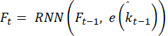 Recurrent neural network equation diagram; formula describes temporal dependencies: Ft = RNN(Ft-1, e^(kt-1)).