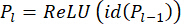 ReLU activation function formula, equation P₁ = ReLU(id(P₁₋₁)), neural network theory.