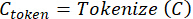 Tokenization equation, C_token = Tokenize(C), key concept in NLP methodology.