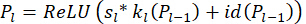 Neural network equation; P<sub>l</sub> = ReLU(s<sub>l</sub>*k<sub>l</sub>(P<sub>l-1</sub>)+id(P<sub>l-1</sub>)).