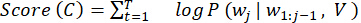 Static equilibrium equation, Score(C)=ΣT t=1 logP(wj|w1:j-1,V). Formula analysis, educational use.