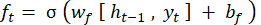 LSTM gate function equation, ft=σ(wf[ht-1,yt]+bf), illustrating neural network process.