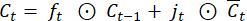 Long Short-Term Memory cell equation, Σ operations, formula for neural network memory update.