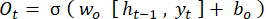 LSTM output gate equation, \(O_t = \sigma(w_o[h_{t-1}, y_t] + b_o)\), neural network formula.