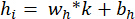 Equation for linear calculation of height (h_i), with parameters w_n, k, and b_n, using algebra.