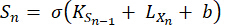 Recurrent neural network equation \( S_n = \sigma(KS_{n-1} + Lx_n + b) \) formula in research.