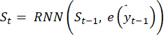 RNN equation for sequential prediction; formula: Sₜ = RNN(Sₜ₋₁, e(ŷₜ₋₁)); neural networks.