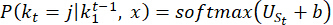 Softmax probability equation, \( P(k_t=j|k_{t-1}^{t-1}, x) = \text{softmax}(U_{st} + b) \).