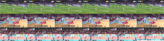 figure-results-1 Sports match analysis sequence, featuring soccer, basketball, volleyball frames; motion study diagram.