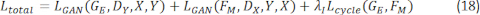 figure-protocol-21 Static equilibrium equation, L_total=L_GAN(G_E,D_Y,X,Y)+L_GAN(F_M,D_X,Y,X)+λ_L_cycle(G_E,F_M).