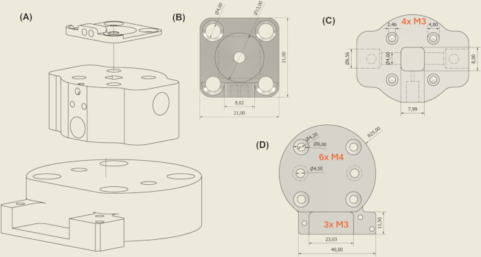 figure-results-4 Mechanical assembly diagram with measurements; parts labeled A, B, C, D; engineering design.