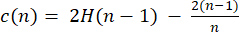 Equations illustrating the mathematical concept of harmonic numbers, formula: c(n) = 2H(n-1)-(2(n-1)/n).