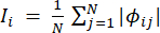Static equilibrium equation \(I_i = \frac{1}{N} \sum_{j=1}^{N} |\Phi_{ij}|\), diagram.