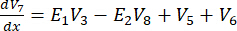 Differential equation: dV7/dx=E1V3-E2V8+V5+V6; Mathematical expression; STEM education.