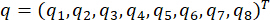 Generalized coordinates vector equation, q=(q1,q2,...,q8)ᵀ, used in dynamics analysis.
