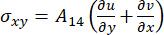 Shear stress formula, σxy=A14(∂u/∂y+∂v/∂x), materials science equation.