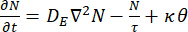 Mathematical model of static equilibrium, equation ∂N/∂t=DE∇²N−N/τ+κθ.
