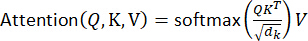 Attention mechanism formula, softmax(QK^T/sqrt(d_k))V, diagram for neural network processing.
