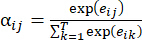 Softmax function equation, αij = exp(eij)/Σk=1T exp(eik), statistical model concept.