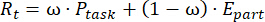 Mathematical formula, weighted sum equation, R_t=ω·P_task+(1-ω)·E_part, calculation method.