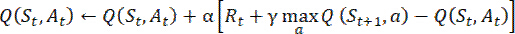 Q-Learning algorithm formula; diagram; reinforcement learning concept; optimal policy calculation