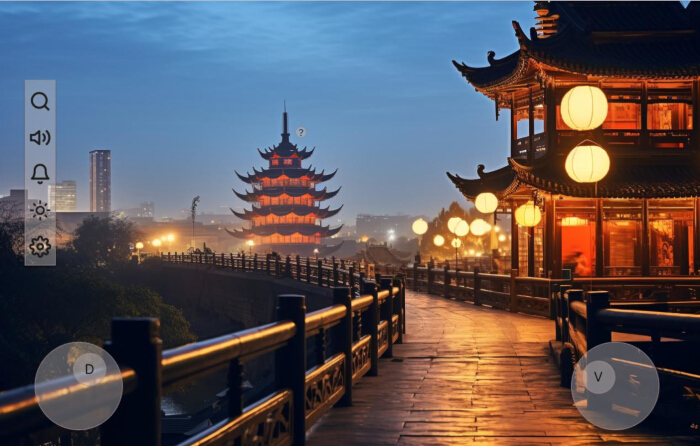 Night view of traditional Asian pagoda beautifully illuminated with lanterns; architectural study.