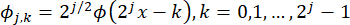 Wavelet transform equation, φ<sub>j,k</sub>=2<sup>j/2</sup>φ(2<sup>j</sup>x-k), mathematical formula.