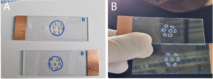 figure-results-2 Electrochemical setup with copper-plated slides for ion deposition; experiment on conductivity analysis.