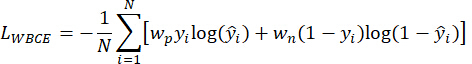 Weighted binary cross-entropy formula, Σ equation, educational math equation, research use.