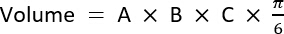 Volume calculation formula, Volume = A × B × C × π/6, mathematical equation.