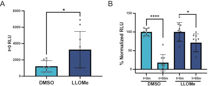Bar chart comparing DMSO and LLOMe effects; analysis of % Normalized RLU at different time points.