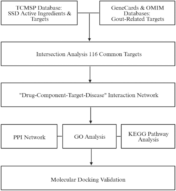 figure-protocol-1 Drug-target interaction network diagram; includes TCMSP, PPI, KEGG pathway, molecular docking.