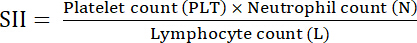 SII equation: Platelet count × Neutrophil count ÷ Lymphocyte count, hematological calculation.