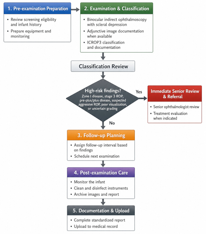 Flowchart of infant eye exam process, including stages for screening, classification, and follow-up.