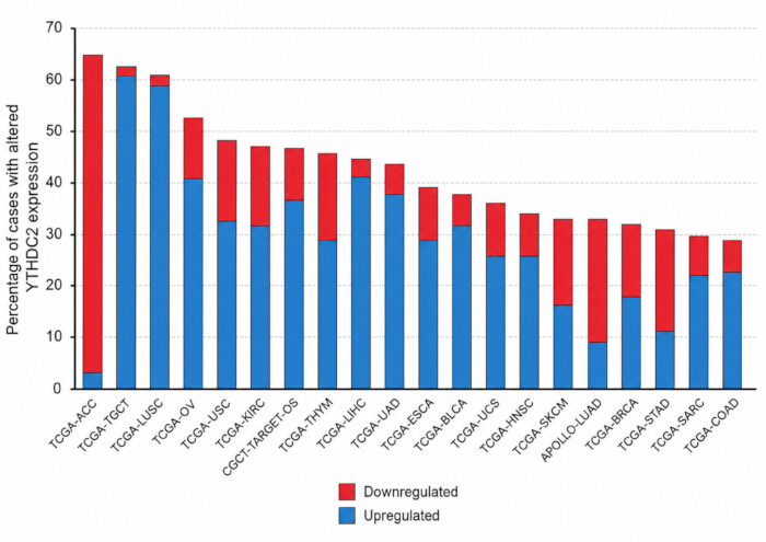 figure-results-3 TYHD expression levels; bar chart of cases with upregulated/downregulated expression; cancer types analysis.