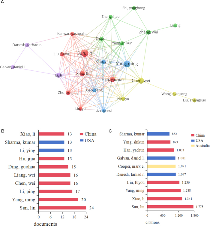 figure-results-5 Scientific collaboration network diagram, author document, and citation bar charts analysis.