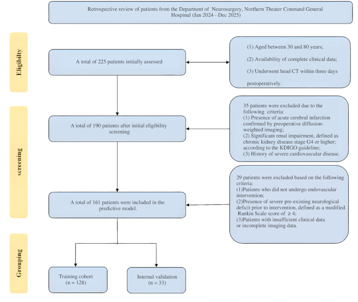 figure-results-2 Patient selection flowchart; 225 assessed, 161 included; eligibility, screening, grouping stages.