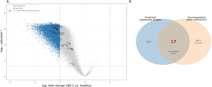 figure-results-2 Volcano plot and Venn diagram of gene expression analysis; IBS-C vs. healthy data comparison.