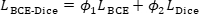 Loss function equation for BCE-Dice; formula: L_BCE-Dice=ϕ₁L_BCE+ϕ₂L_Dice.