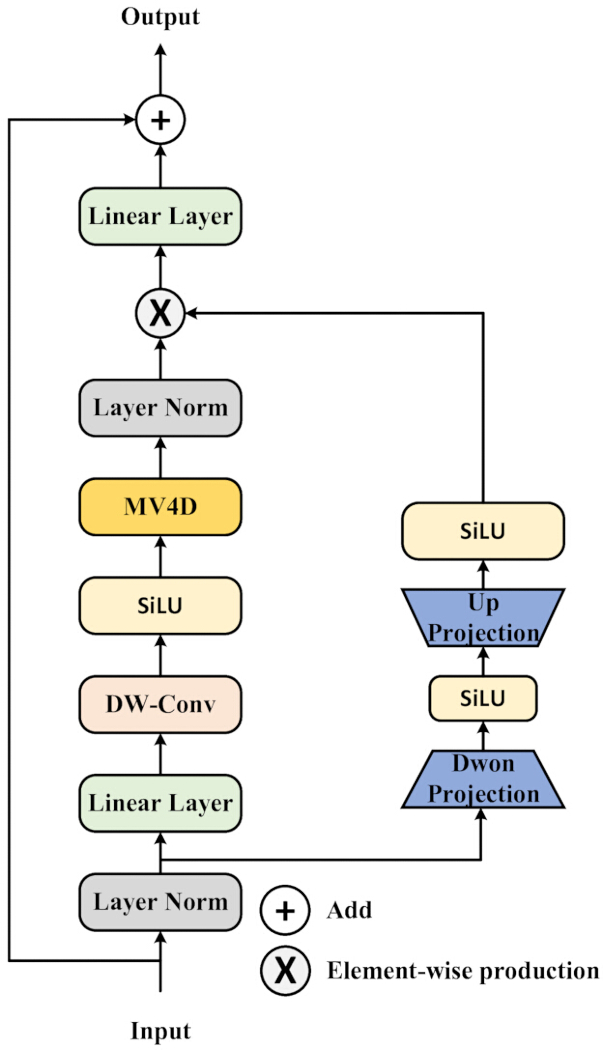 Neural network architecture diagram; layers include SiLU, MV4D, DW-Conv, Layer Norm; data flow.