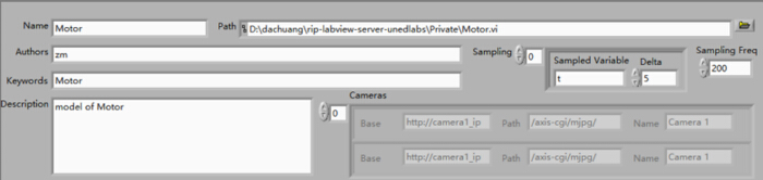LabVIEW motor model interface, path setup for simulation control, sampling configuration, motor description.