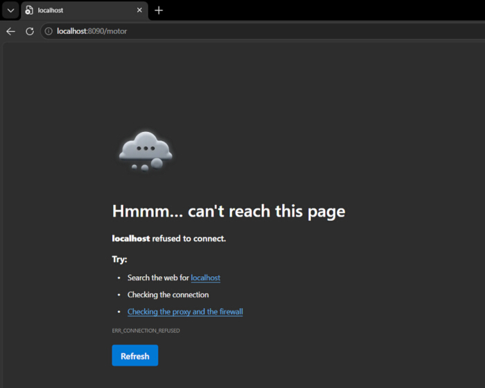 Webpage error message; localhost connection refused; browser troubleshooting options.