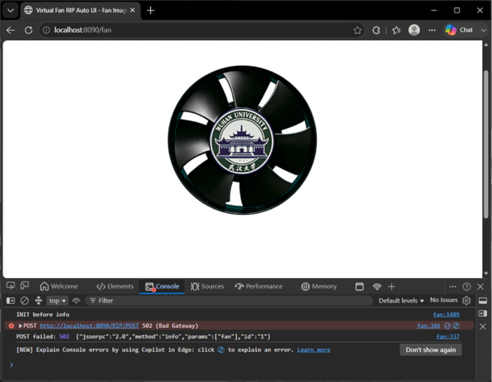 Fan design with university emblem; displayed in browser console error context.